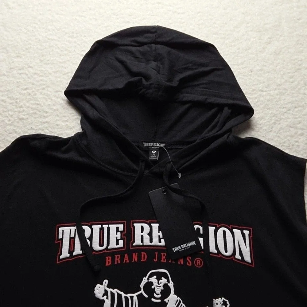 True Religion Hoodie Mens Large Black Sleeveless World Tour Graphic Pullover Top